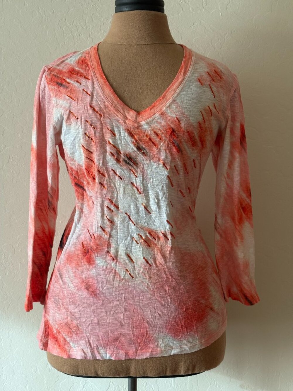 David Cline "SUN" Embellished Crushed V Neck. Size S. Orange/Beige.